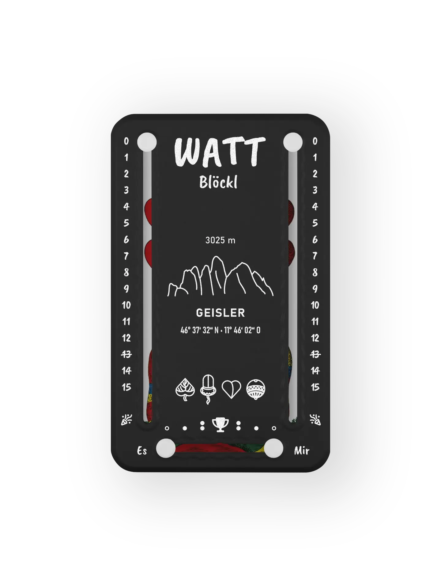 Wattblöckl bis 15 Punkte in Kunststoff schwarz und weissen Pins - mit Geisler Motiv auf transparenten Hintergrund.