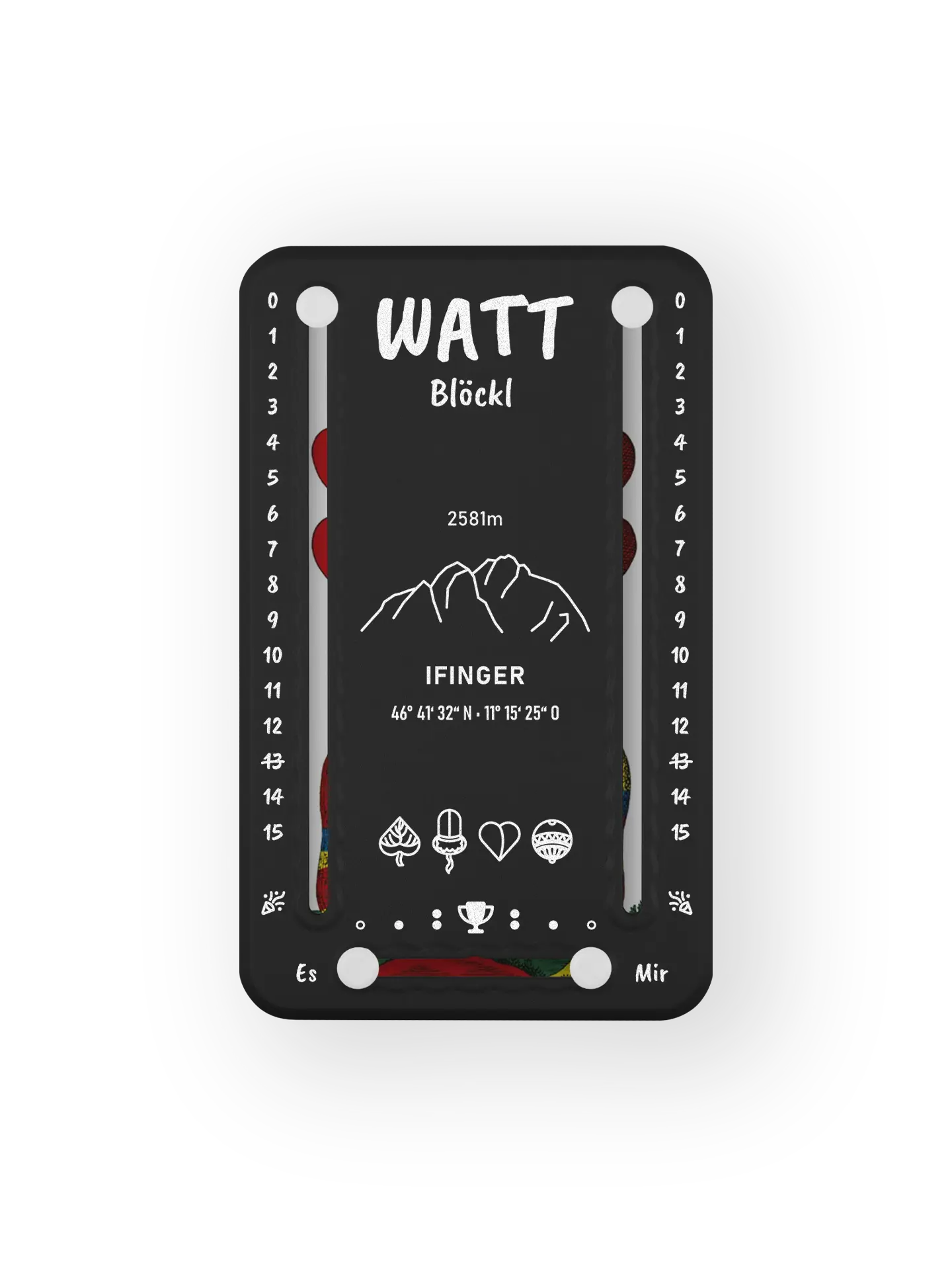 Wattblöckl bis 15 Punkte in Kunststoff schwarz und weissen Pins - mit Ifinger Motiv auf transparenten Hintergrund.