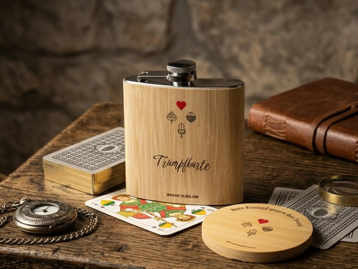 Kategorie Bild mit Flachmann, Untersetzer, Spielkarten und weiteres Zubehör auf einen Alten Holztisch mit Steinmauer im Hintergrund.