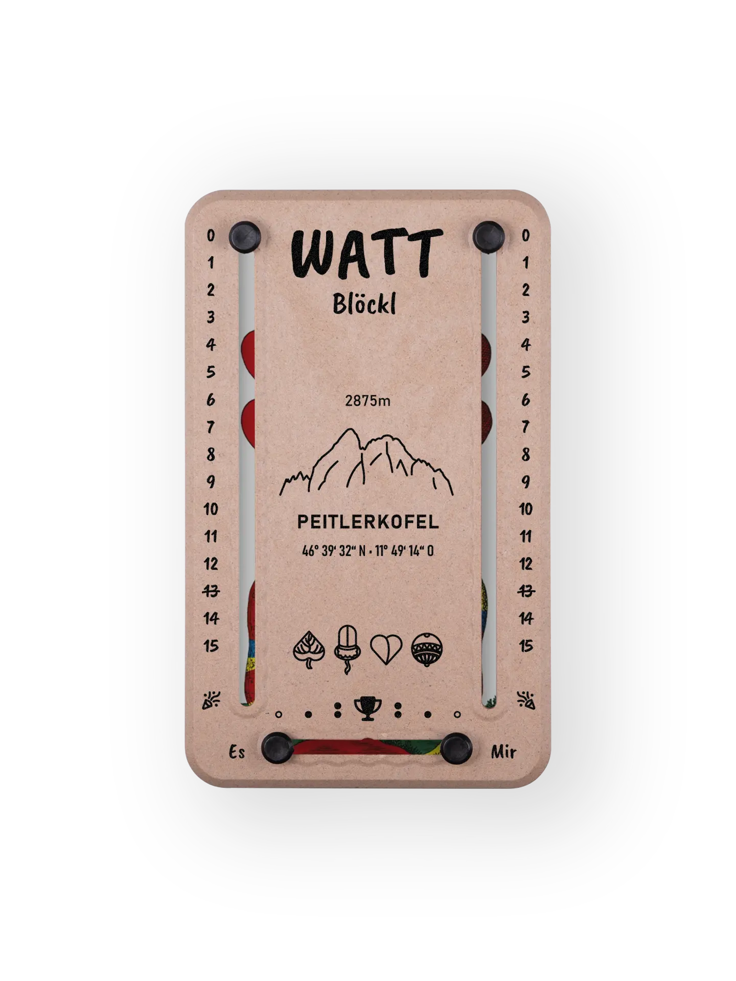 Wattblöckl bis 15 Punkte in Holzoptik und schwarzen Pins - mit Peitlerkofel Motiv auf transparenten Hintergrund.