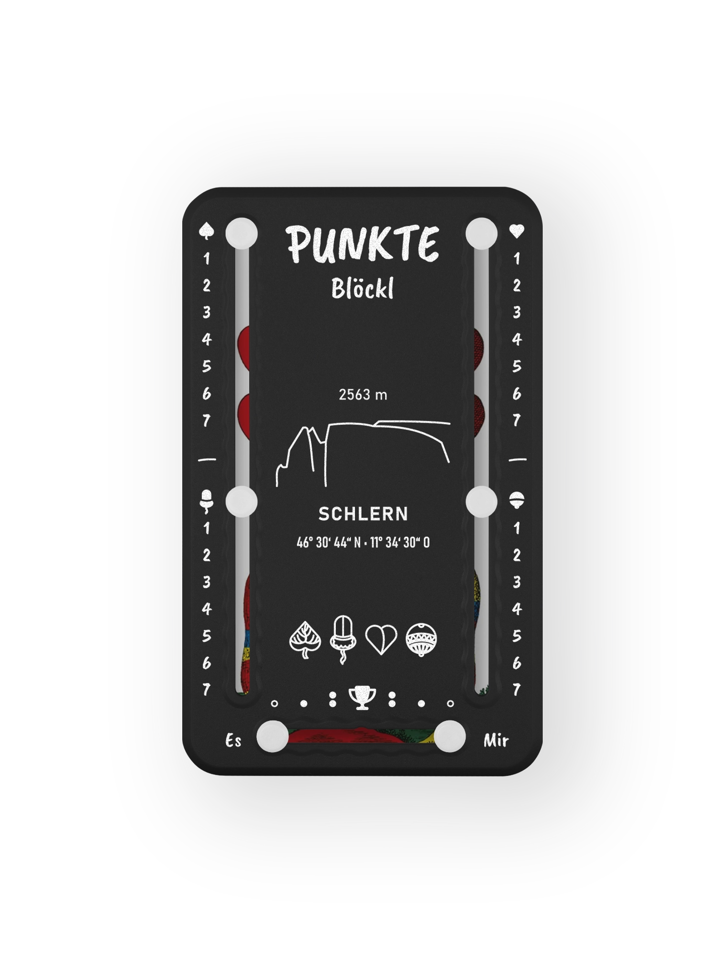 Punkteblöckl bis jeweils 7 Punkte in Kunststoff schwarz und weissen Pins - mit Schlern Motiv auf transparenten Hintergrund.